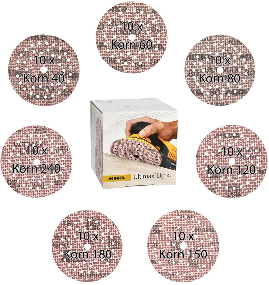 Mirka Ultimax Ligno klittenbandschuurschijven Ø125 mm mixpakket 70 stuks
