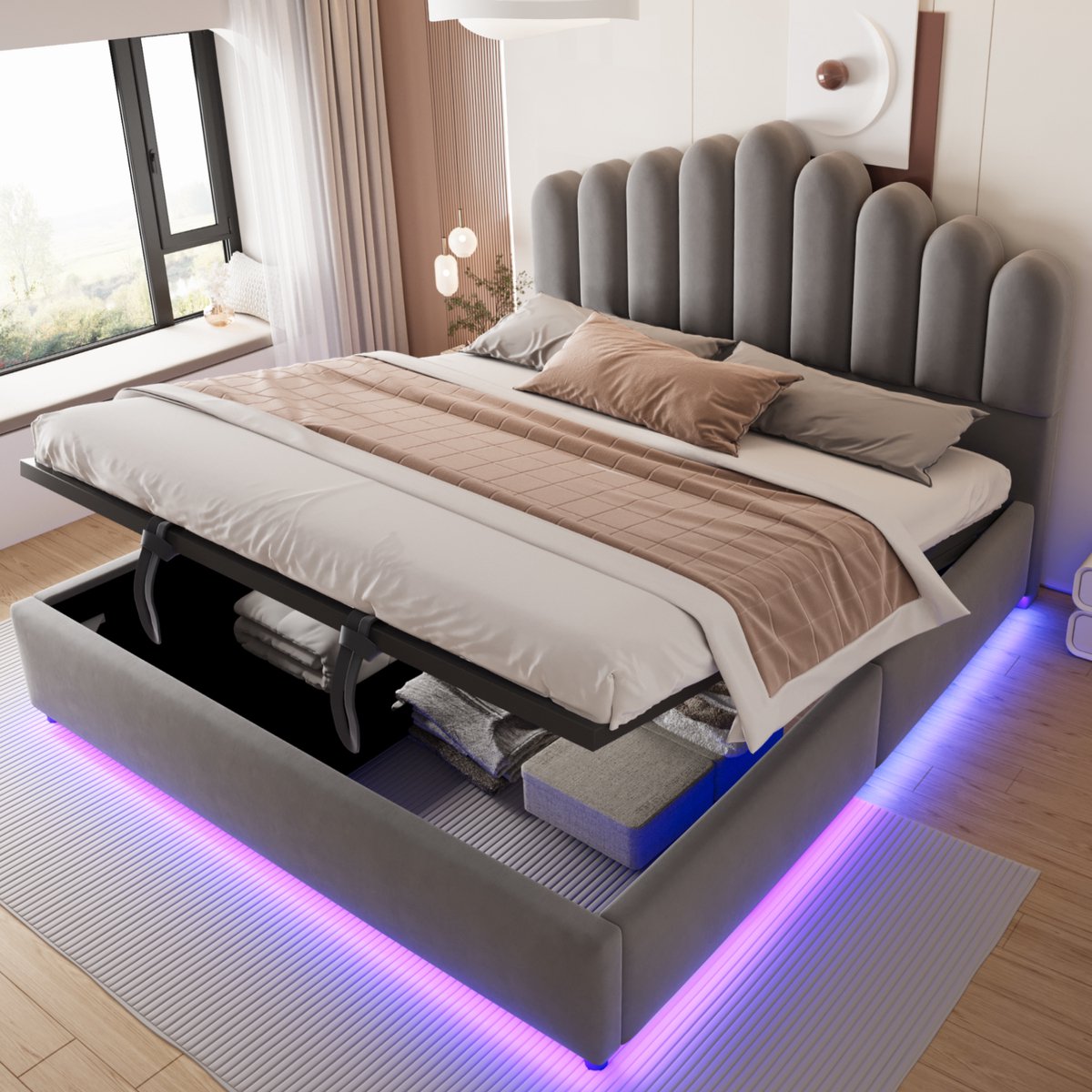 Gepolsterd Bed 180x200 cm Zonder Matras Hydraulische Opbergruimte Led Verlichting Lattenbodem Uniek Hoofdbord Velours Grijs
