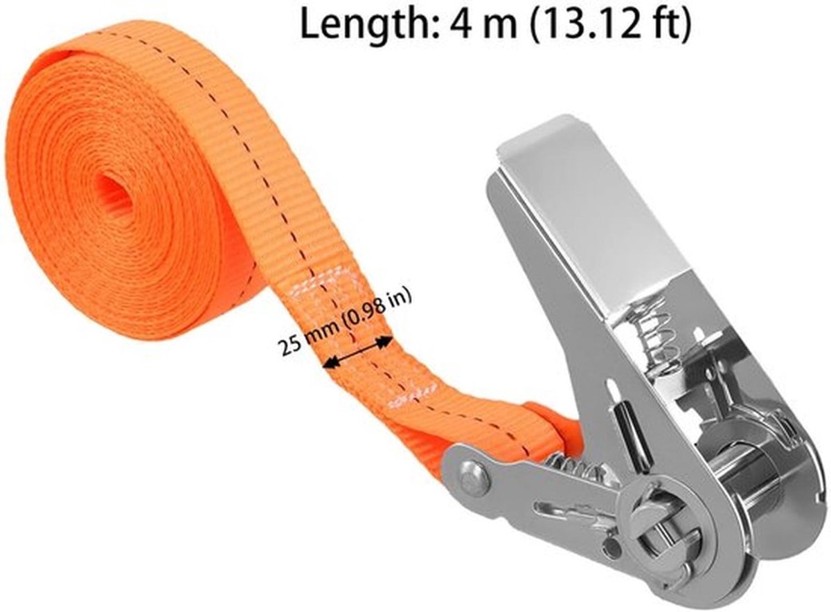 Spanbanden met ratel - Sjorbanden - 6 stuks - 2,5 cm x 4 m - Oranje - Robuuste ratelsluitingen van verzinkt staal