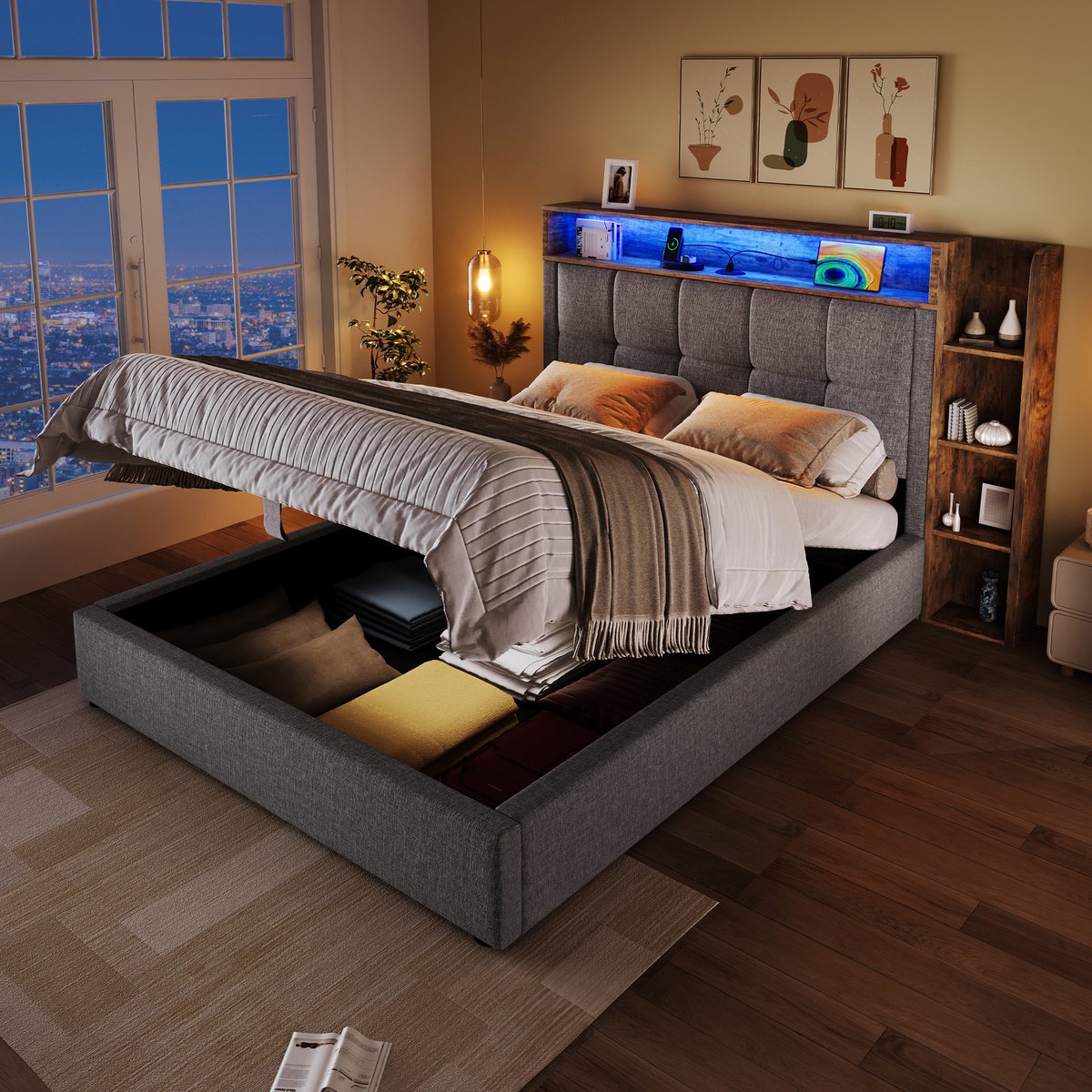 Gestoffeerd Bed 90x200 cm - Met LED-Verlichting - Met Opbergruimte - Met USB-Oplaadpunt - Grijs