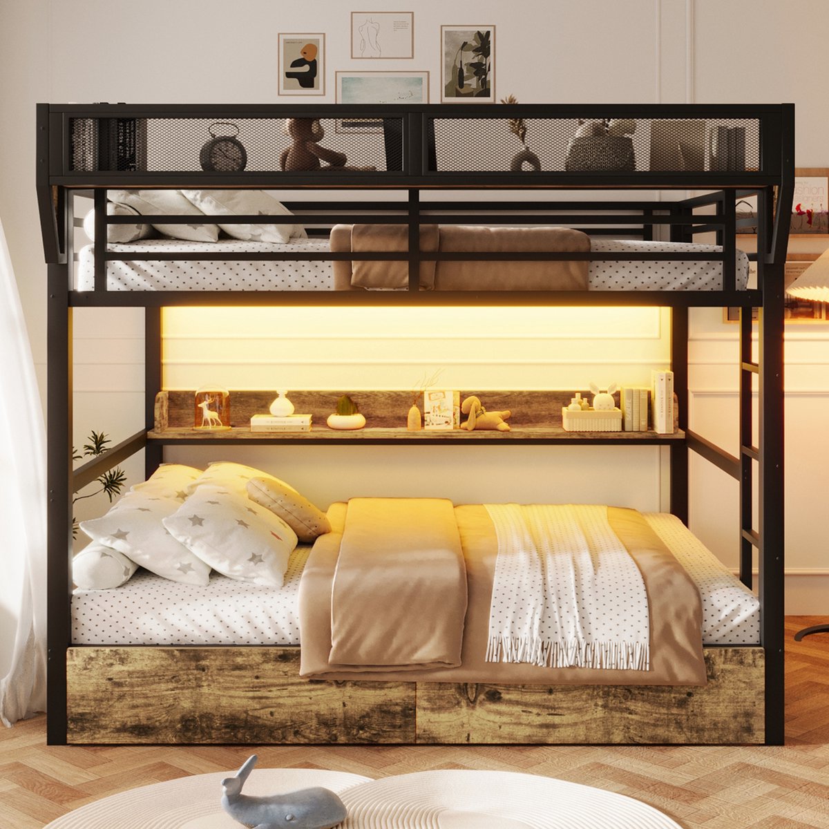 Stapelbed 140x200 cm - Met LED-Verlichting - Met Opbergruimte - Met Lades - Zwart