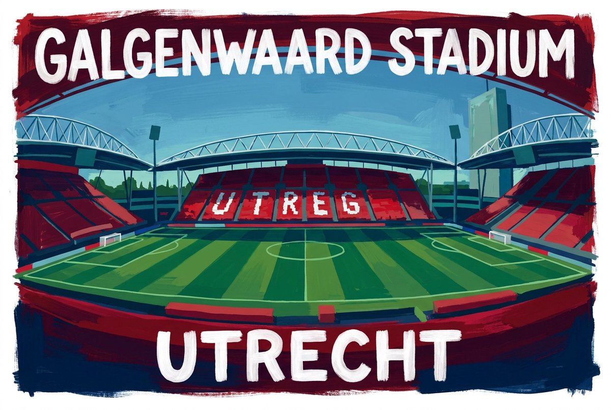 Atelier Iconique Stadion Galgenwaard FC Utrecht Hand-Painted Typography Poster Stadiums - Print op Canvas 90x60 cm - Atelier Iconique krachtige grafische postertinten met hoog contrast