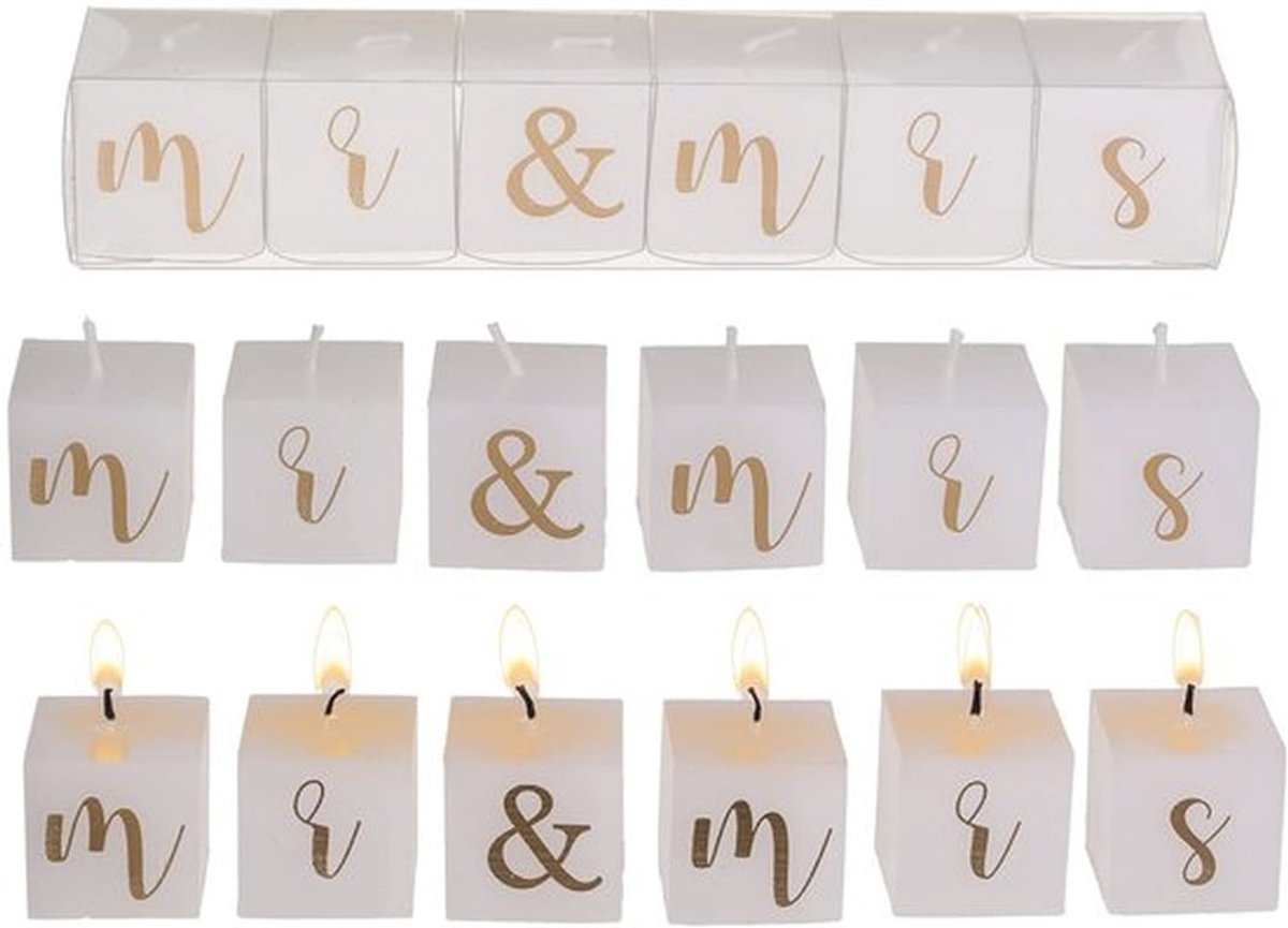 Kaarsblokjes 6-delige set - Decoratie Kaarsen - Bruiloft - Verloving - Gouden Tekst - Afmeting 3x3x3 cm - Decoratiekaarsen