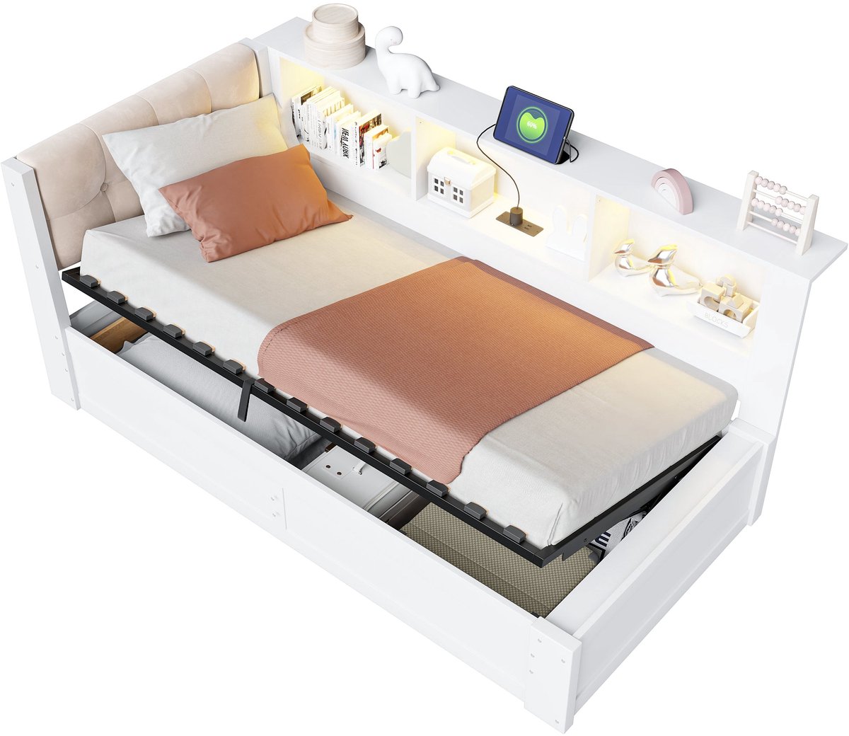 Merax Slaapbank 90x200 cm - Bed Met Opbergruimte - Hydraulisch Liftsysteem - LED Verlichting - USB-Aansluiting - Opbergplanken - Wit