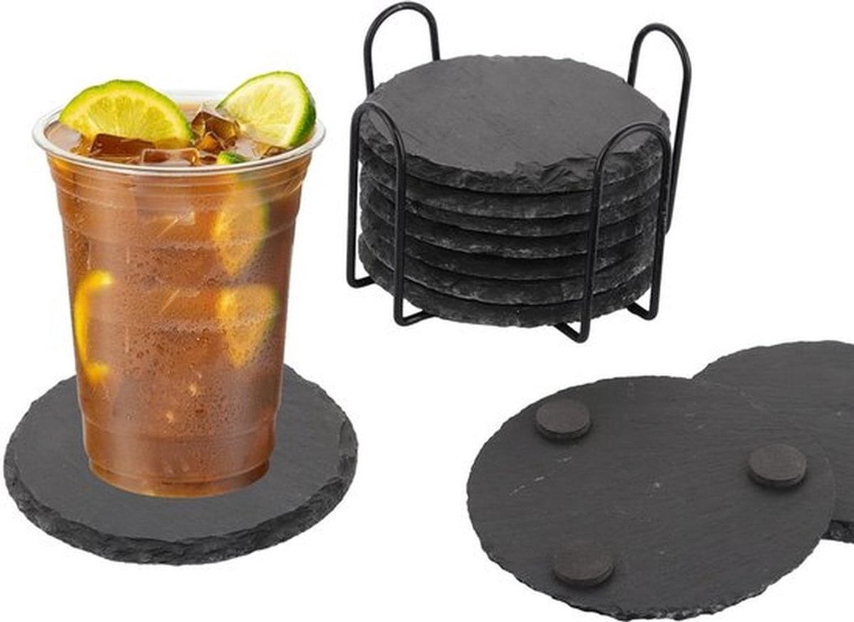 Onderzetters Ronde Leisteen - 12 Stuks - Onderzetters met Houder - Krasbestendig - 10 x 10 cm - Voor Bar/Keuken - Drankonderzetter
