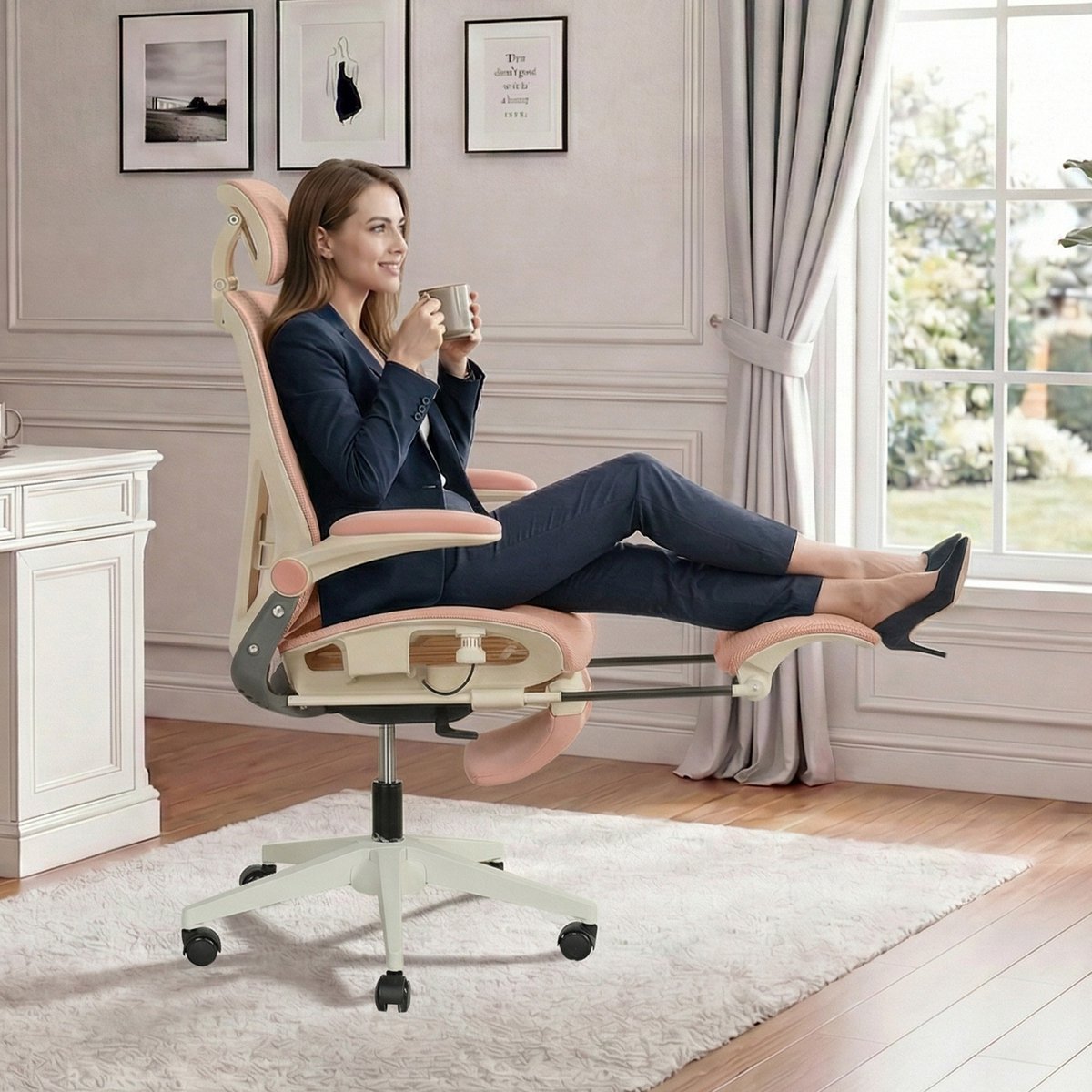 MIVRAY Bureaustoel - Ergonomische Klapbare Netstof Bureaustoel Met 3D Hoofdsteun En Lendensteun - Voor Werk Studie En Spel - Roze
