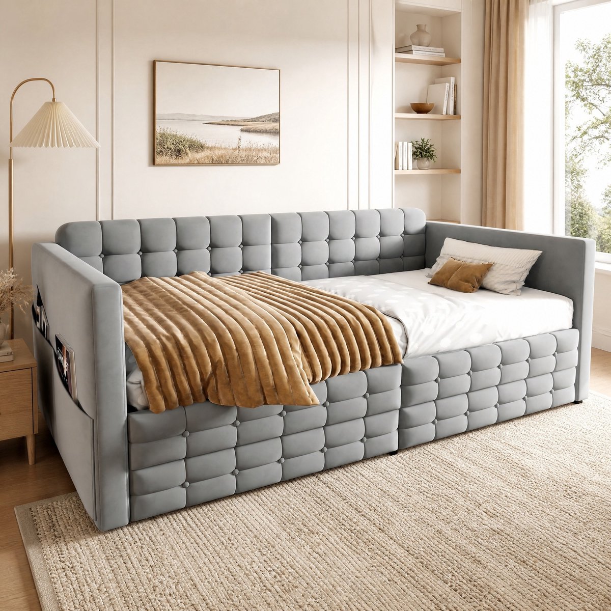 Bedbank 90x190 cm Met matras of Zonder matras - Slaapbank met zijvakken en 2 lades - Eenpersoonsbed voor slaapkamer en logeerkamer - Zacht Stof - Lichtgrijs