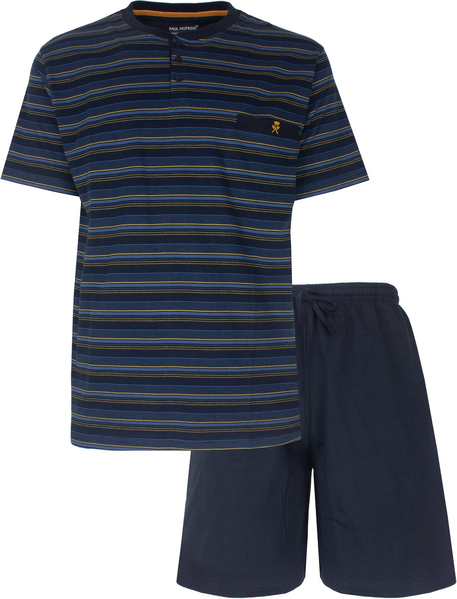 Paul Hopkins Heren Shortama - Gestreept - Polosluiting - Donker Blauw - Maat 3XL