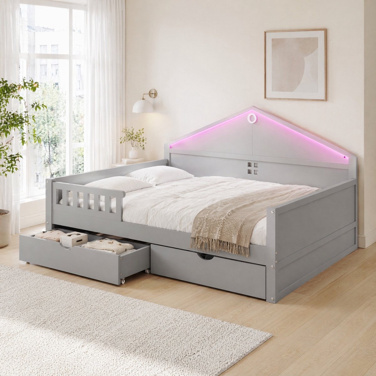 DESMIU Kinderbed 140x200cm – Ledverlichting en Opberglades – Met Lattenbodem – Voor Kinderkamer en Jeugdkamer – Hout en MDF – Grijs Zonder matras