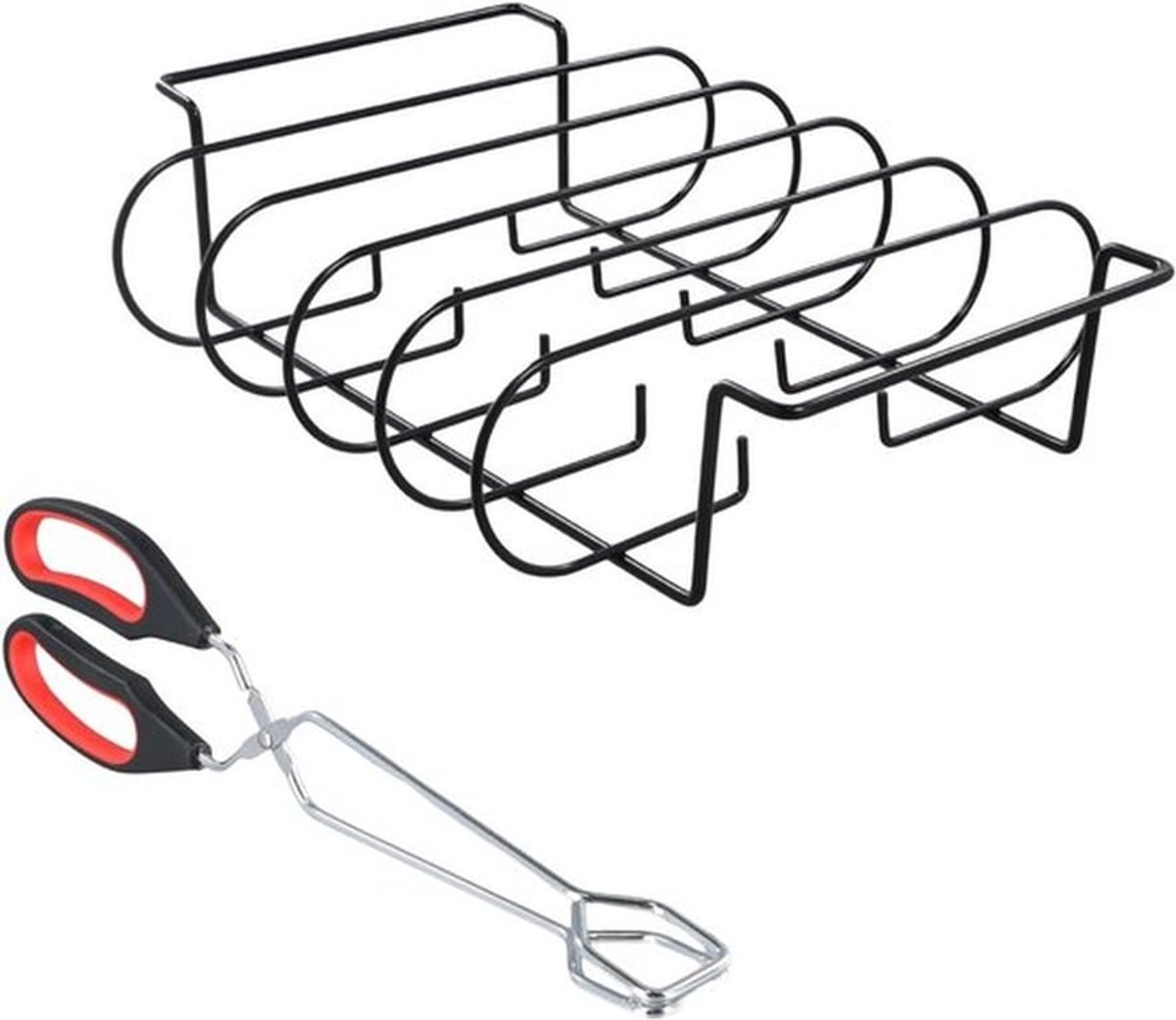 Roosterhouder voor het grillen van spareribs, robuuste grillstand met tangen, anti-aanbakcoating, ideaal voor het roken van vlees en het grillen van maximaal 5 steaks