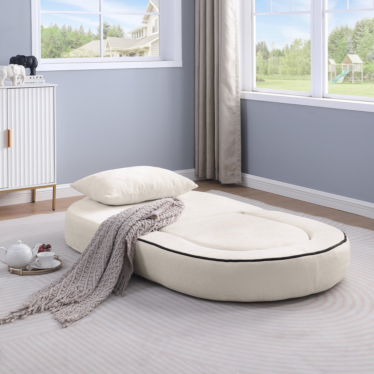 MODFU - Slaapbank - Opvouwbaar - 1-Zits - Beige - Chenille - Kussen