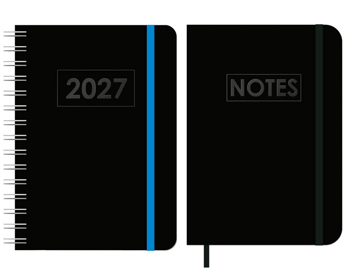 MGPcards - A5 Wire-O Agenda 2027 - Weekoverzicht 1w/2p - Zwart + Blauw elastiek - 14,8 x 21 cm + Notitieboekje/opschrijfboekje - gelinieerd - 80 pagina's - A5 - Zwart