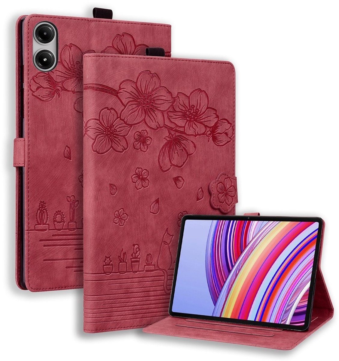 Coverup Tablethoes geschikt voor Xiaomi Redmi Pad 2 Pro / Pad Pro Hoesje - Flowers & Cat Book Case - Rood