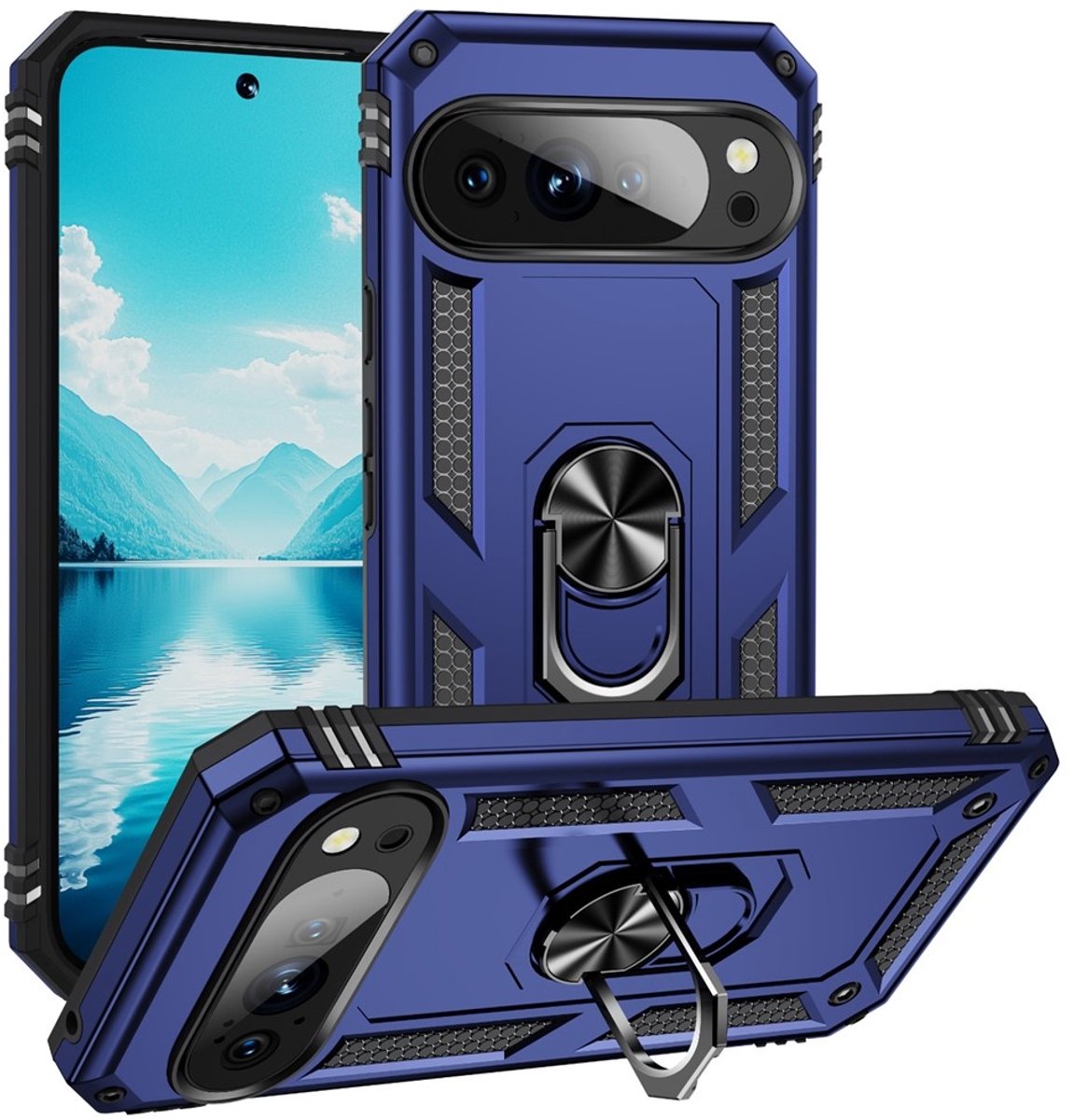 Coverup Hoesje - Geschikt voor Google Pixel 11 Pro XL Hoesje - Coverup Armor Ring Kickstand Back Cover - Blauw