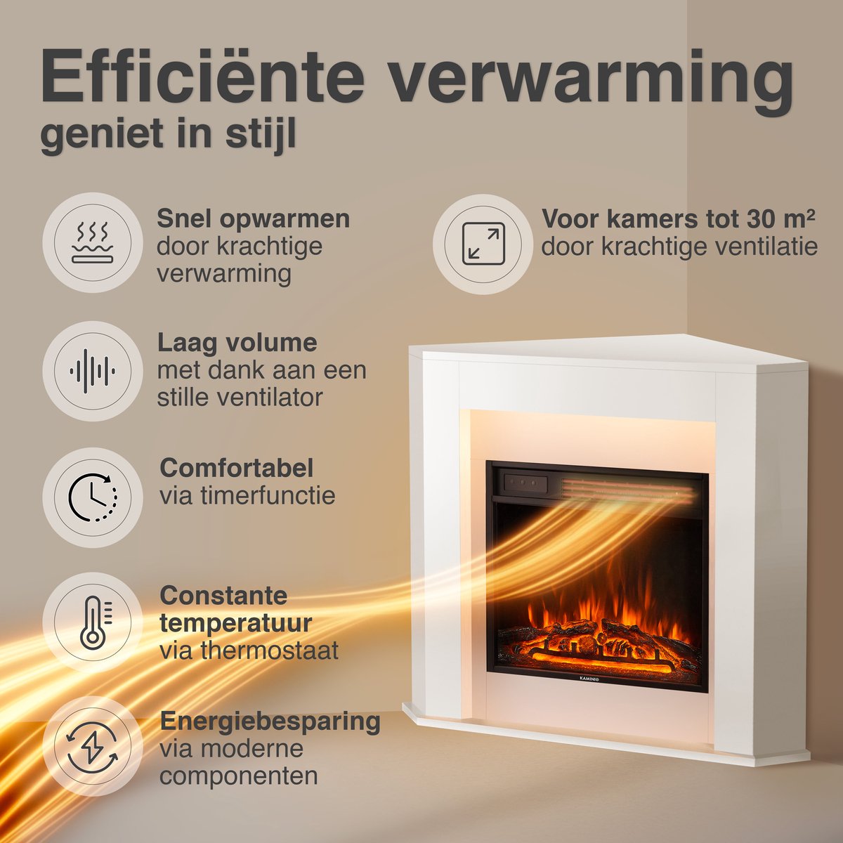 KAMINIO® Matti hoekhaard, witte elektrische haard met verwarming [Vrijstaande hoekhaard] - Elektrische haard, vrijstaand met schouw, 3D-vlameffect in 5 standen, LED-sfeerverlichting, timer, thermostaat, afstandsbediening