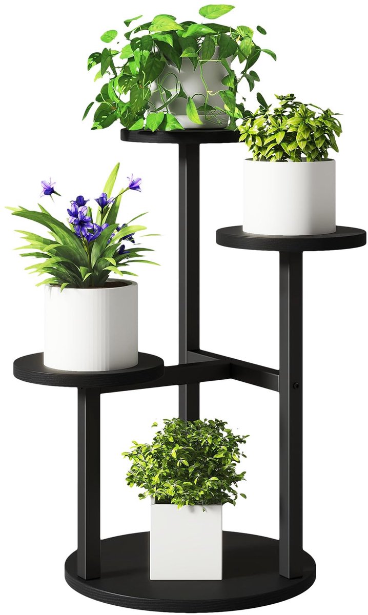 Famanu – 4-laags plantenstandaard van metaal en hout, 52,5 cm hoog, voor meerdere planten, gelaagde hoekbloempotstandaard voor woonkamer, terras, balkon en tuin, zwart