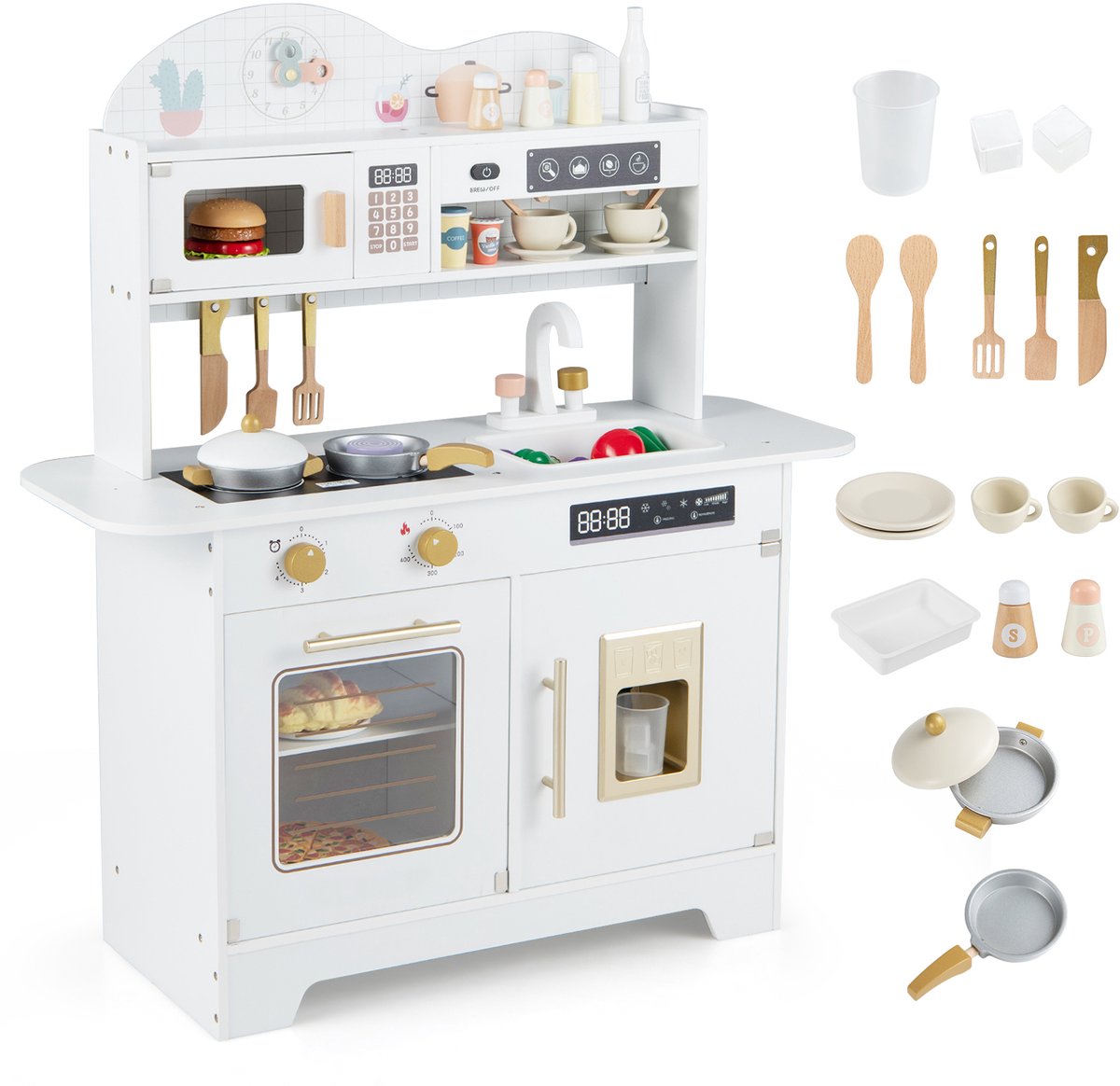COSTWAY Kinderkeuken, Houten Speelkeuken met 17 Accessoires, Speelgoedkeuken met Oven, IJsmachine, Magnetron & Fornuis