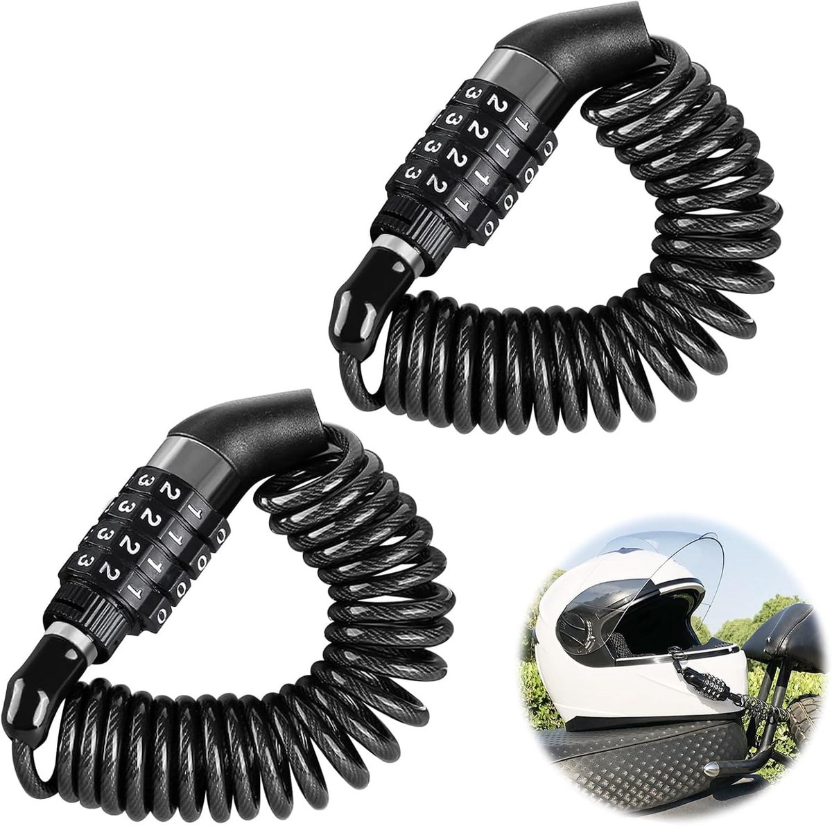 Set van 2 stuks 4-cijferig spiraal combinatieslot, flexibel staalkabelslot 1,4 meter, compact helmslot zwart voor fietshelm, kinderwagen, ski en bagage