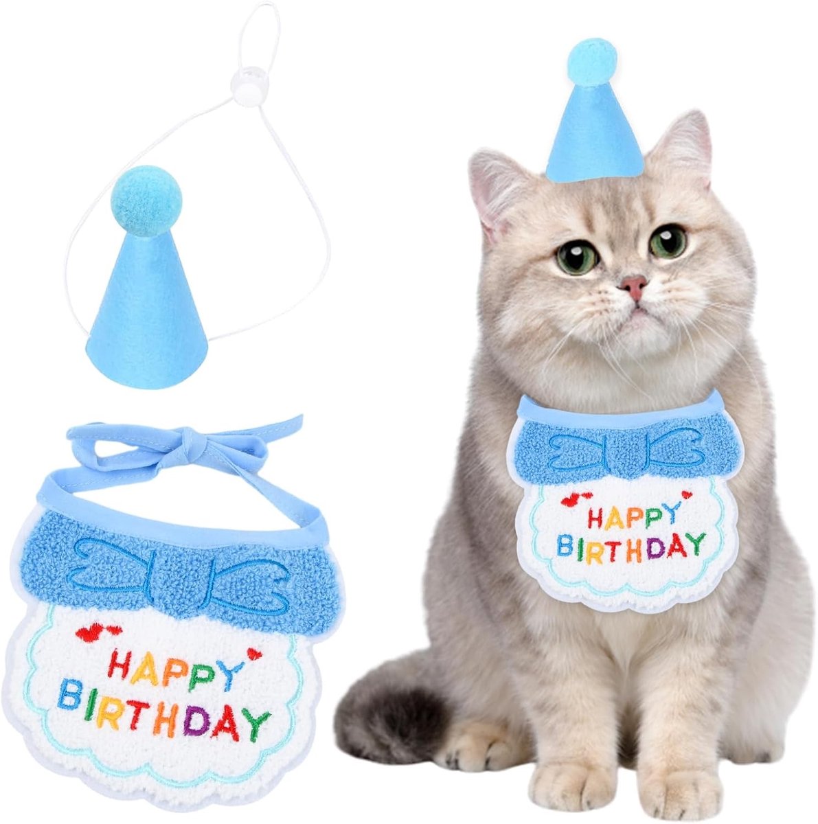 Verjaardagshoes voor Honden en Katten, Feestelijke Hoed en Slabbetje, Dierenverjaardag Decoratie en Kostuum Accessoires (Blauw)