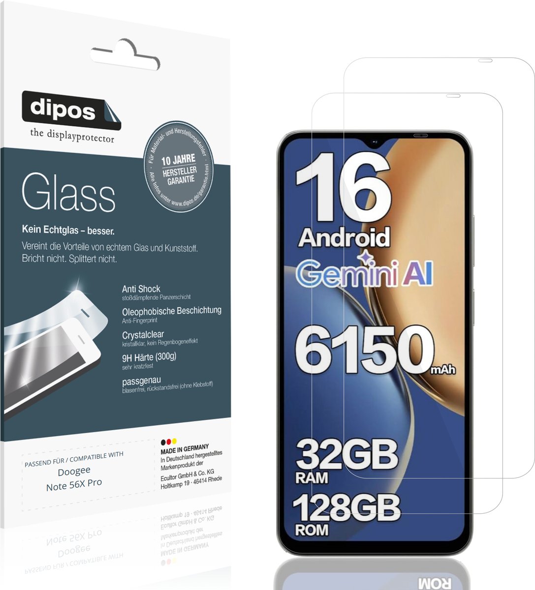dipos – 2x Pantserfolie geschikt voor Doogee Note 56X Pro | 9H Screenprotector