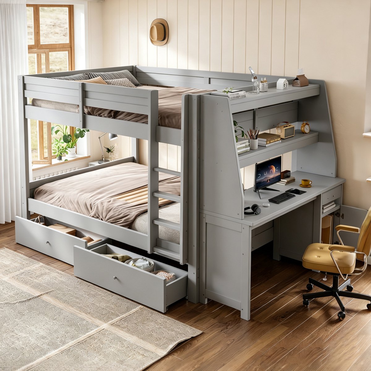 Sweiko Stapelbed - 140 x 200 cm - Met bureau - 2 lades - Opbergkast - Kinderbed - Grijs