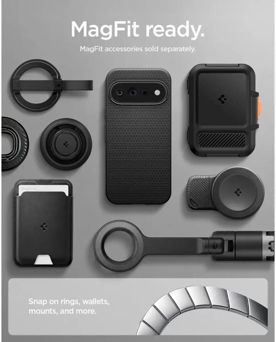 MagFit accessoires, inclusief zwarte Spigen hoes, ring, portemonnee en houder.