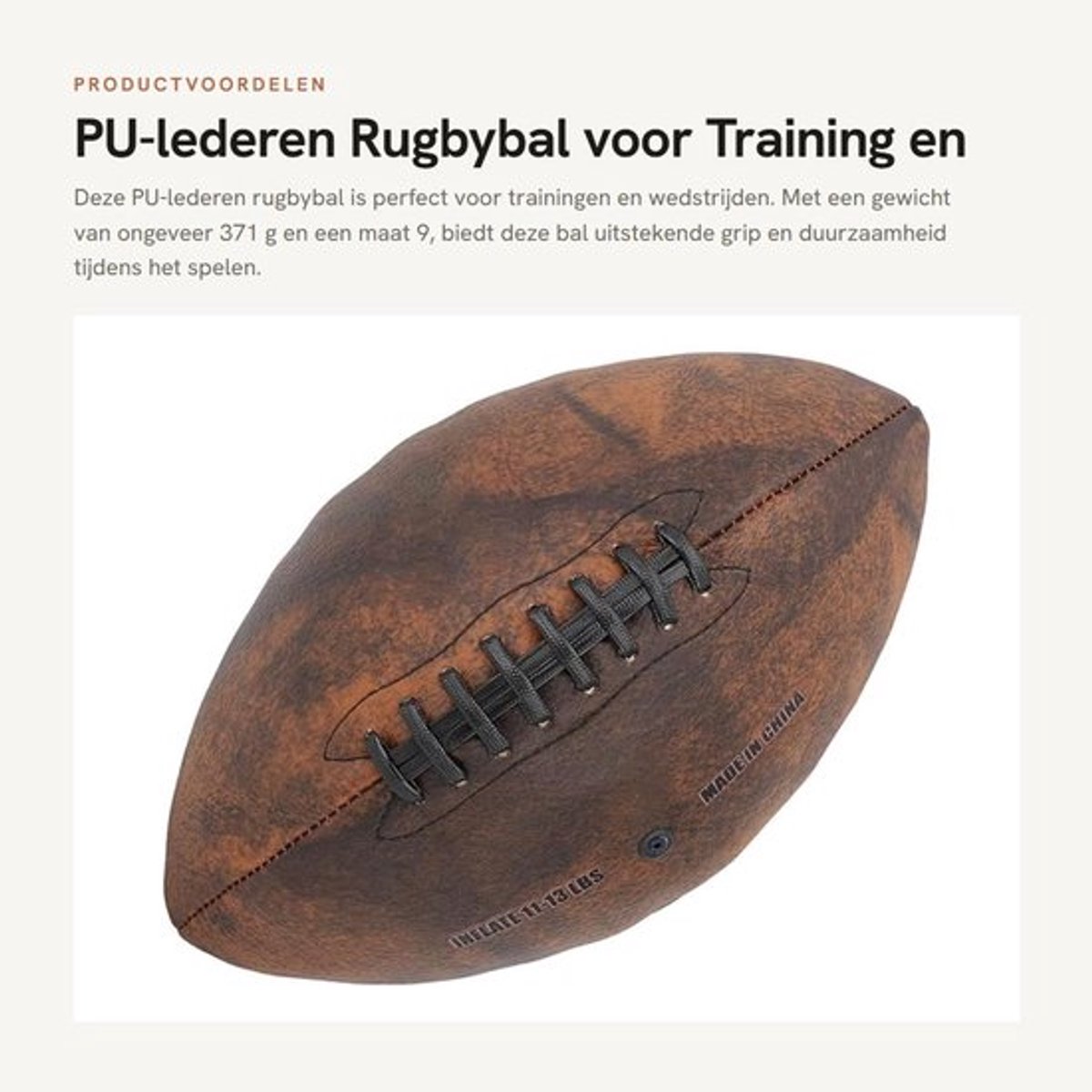 Rugbybal PU-leer - Trainingsbal - Maat 9 - Gewicht ca. 371 g - Schokbestendig - Uitstekende elasticiteit - Sportbal