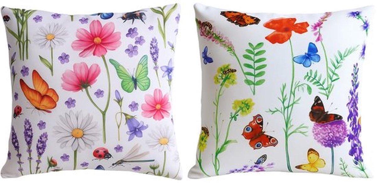 Kussenslopen set van 2 - 45 x 45 cm - Polyester - Wasbaar - Ritssluiting - Bloemenpatroon met vlinders en libellen - Kussenhoezen