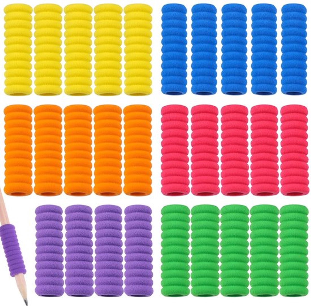 Pennenhouders 30 Stuks - Schuimrubberen Grip - Ergonomische Schrijfhulp - Potloodgrepen - Vingerafstandhouders - 6 Kleuren