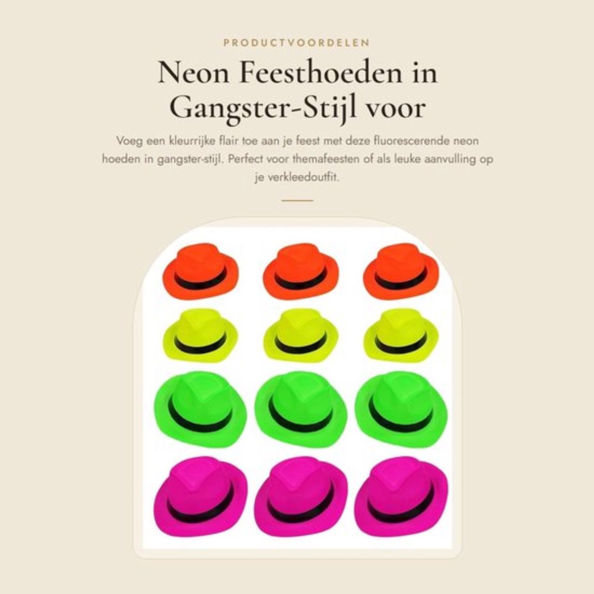 Feesthoeden 12 stuks - Neon fluorescerend - Gangster/maffiastijl - Zachte vilten hoeden - Lichtgewicht - Duurzaam plastic - Themahoeden