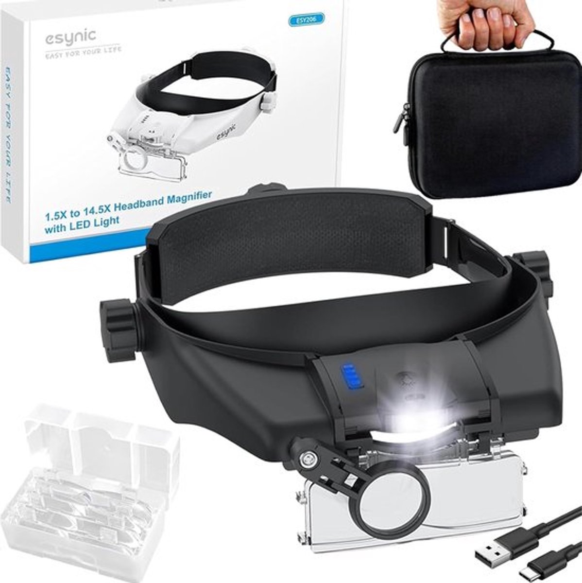 SnelShoppen - LED Hoofdmagnifier Handsfree 5 Lenses 1.5-3.5X + 8X-13X, Type-C Oplaadbare Vergrootglas met Verlichting, Perfect voor Borduren, Lezen, R
