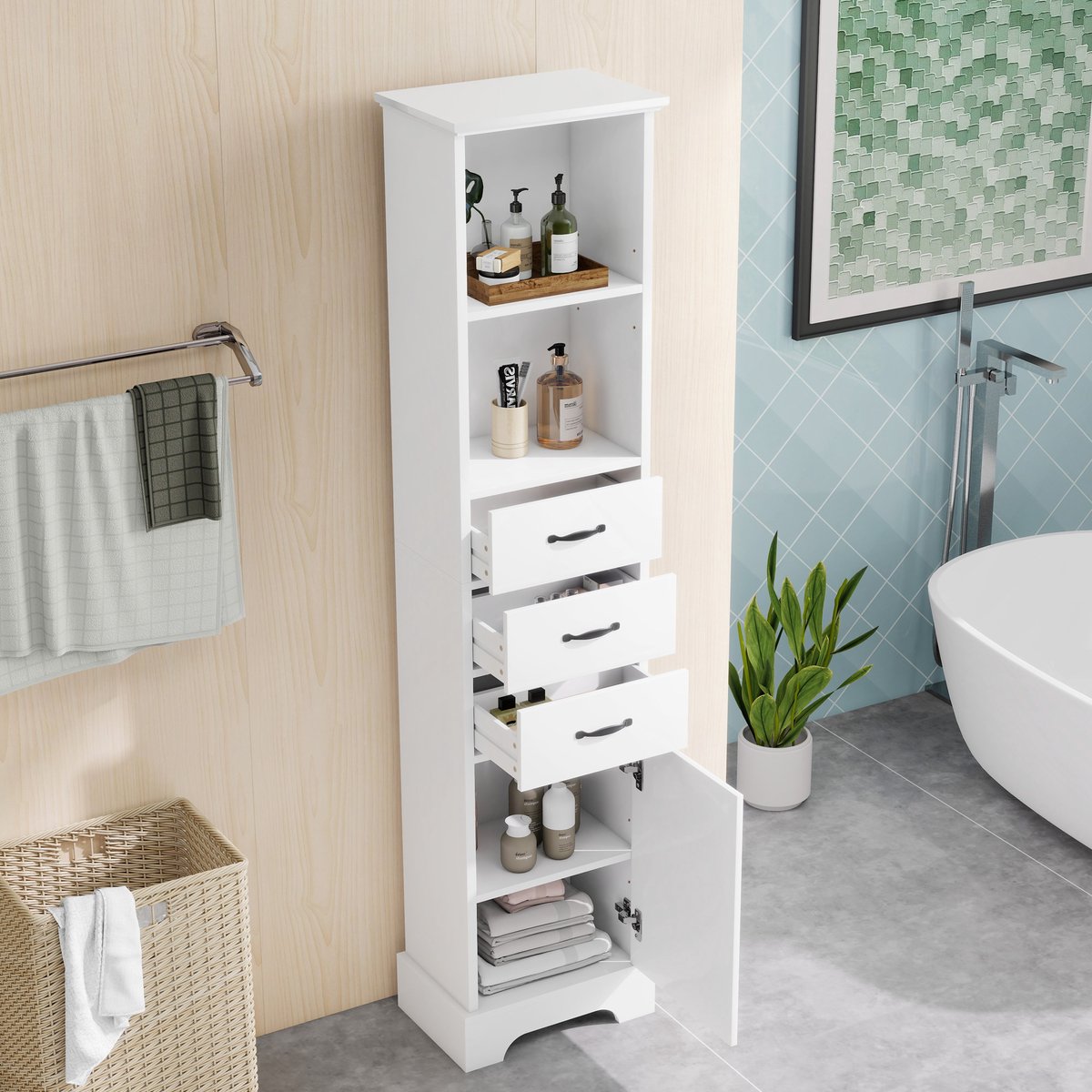STILVORA Badkamerkast - Smal Hoog Model Met 3 Lades En Verstelbare Planken - Voor Badkamer En Woonkamer - Wit - 38x26x172,5 Cm