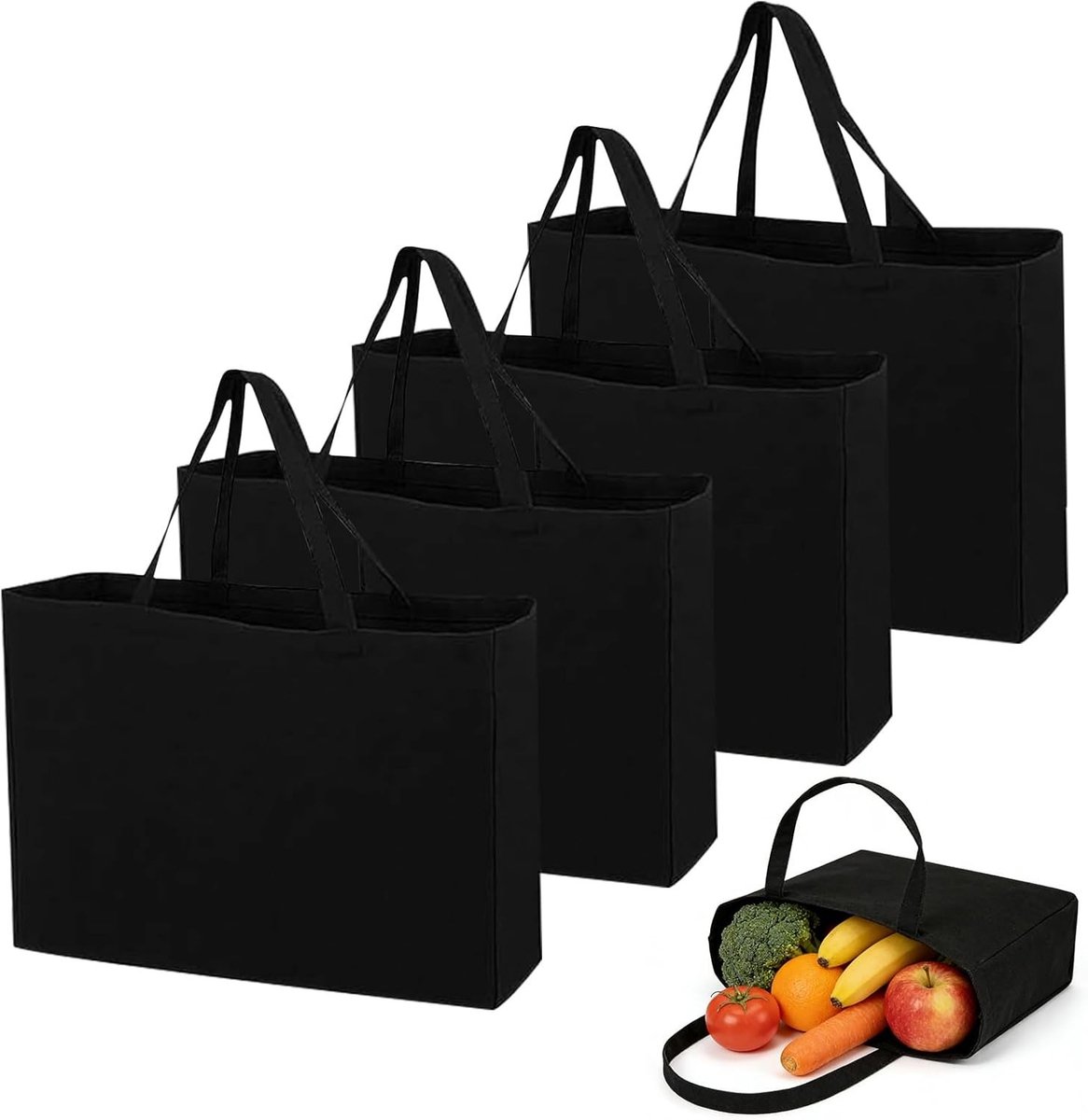 Set van 4 Herbruikbare Katoenen Tassen, 45 x 35 cm, Grote Stoffen Tas voor Boodschappen, Sport en Wasgoed