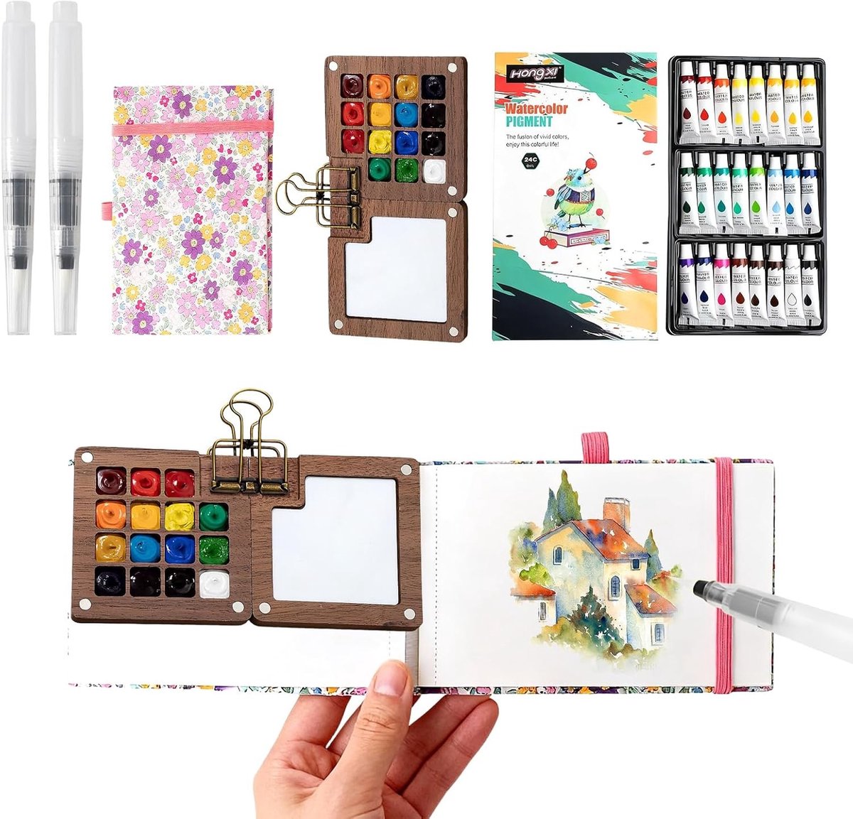 Compacte Mini Waterverf Set met 15 Roosters, Houten Verfdoos voor Reizen, Inclusief Waterverfpapier, Kwasten en Notitieboekje voor Kunstenaars