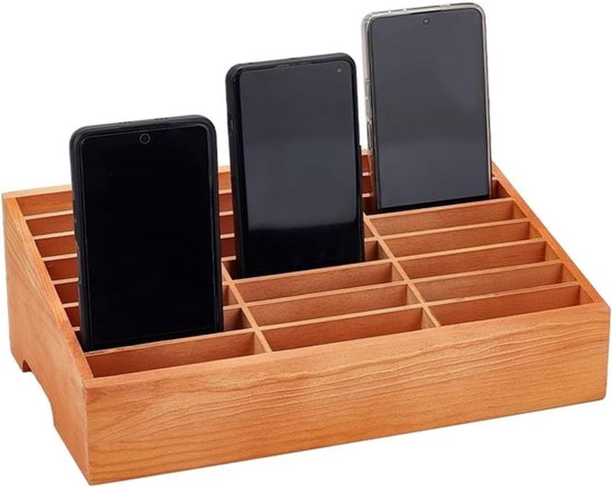 Houten Opbergdoos voor Mobiele Telefoons met 24 Vakjes, Ideaal voor Klaslokalen en Kantoororganisatie, Multifunctionele Mobiele Telefoonhouder voor Docenten en Studenten