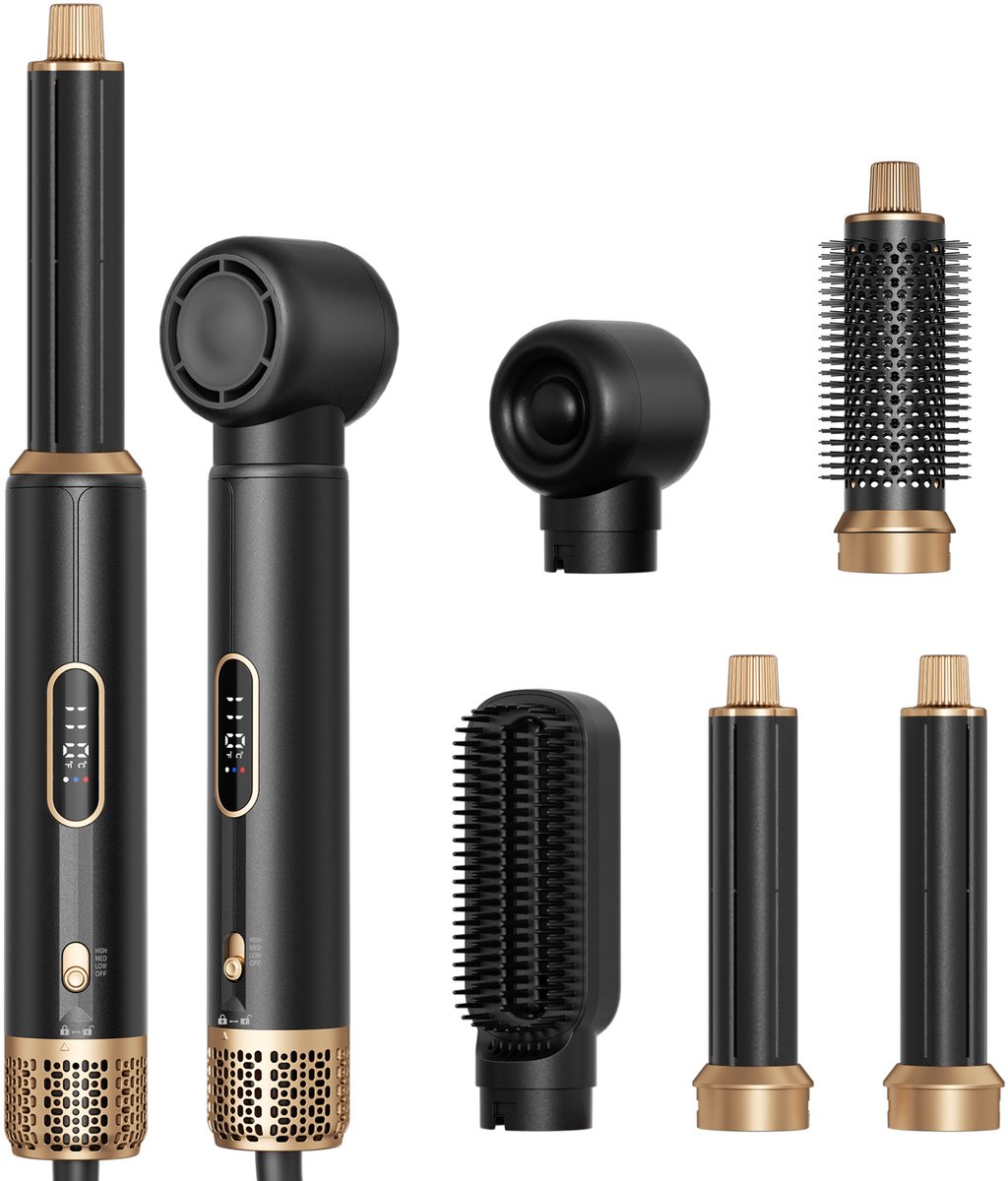 Bobypet - Warmteborstel - 5-in-1 Hairstyler - 1000W - Föhnborstel met LCD - Warme Luchtborstel voor Föhnen, Stijlen en Krullen - Inclusief Automatische Krultang - Voor Volume en Glad Haar