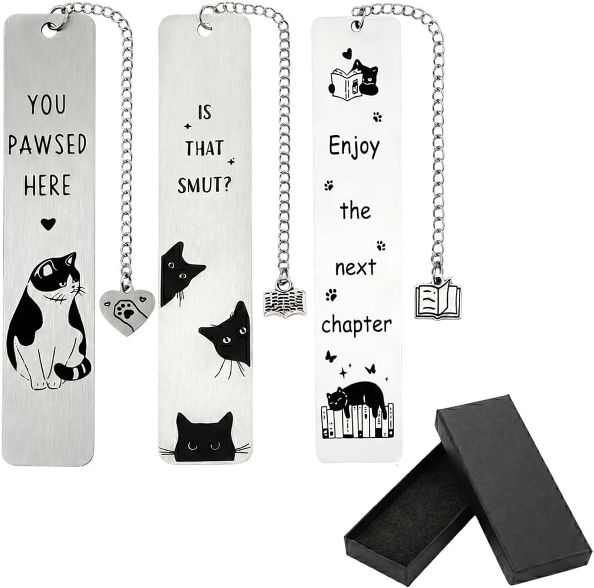 Metalen boekenleggers met kattenontwerp in verpakking, ideaal cadeau voor kattenliefhebbers, boekenaccessoires voor dames en leraren, set van 3 stuks