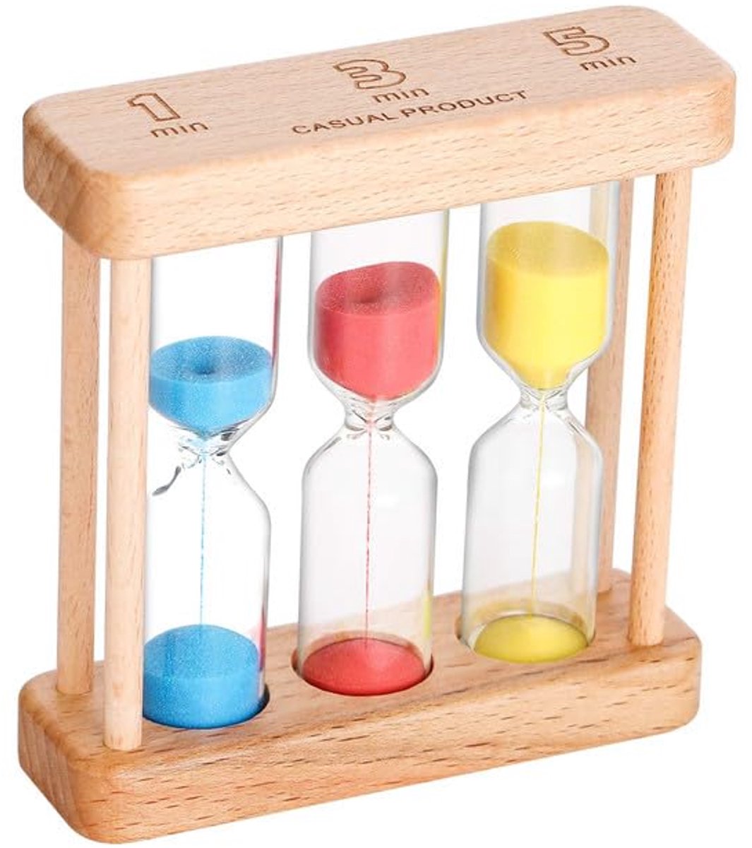 Zandloper timer - 1‑3‑5 minuten zandklok - klein houten frame - gekleurd blauw en rood zand - decoratief object voor bureau en klaslokaal