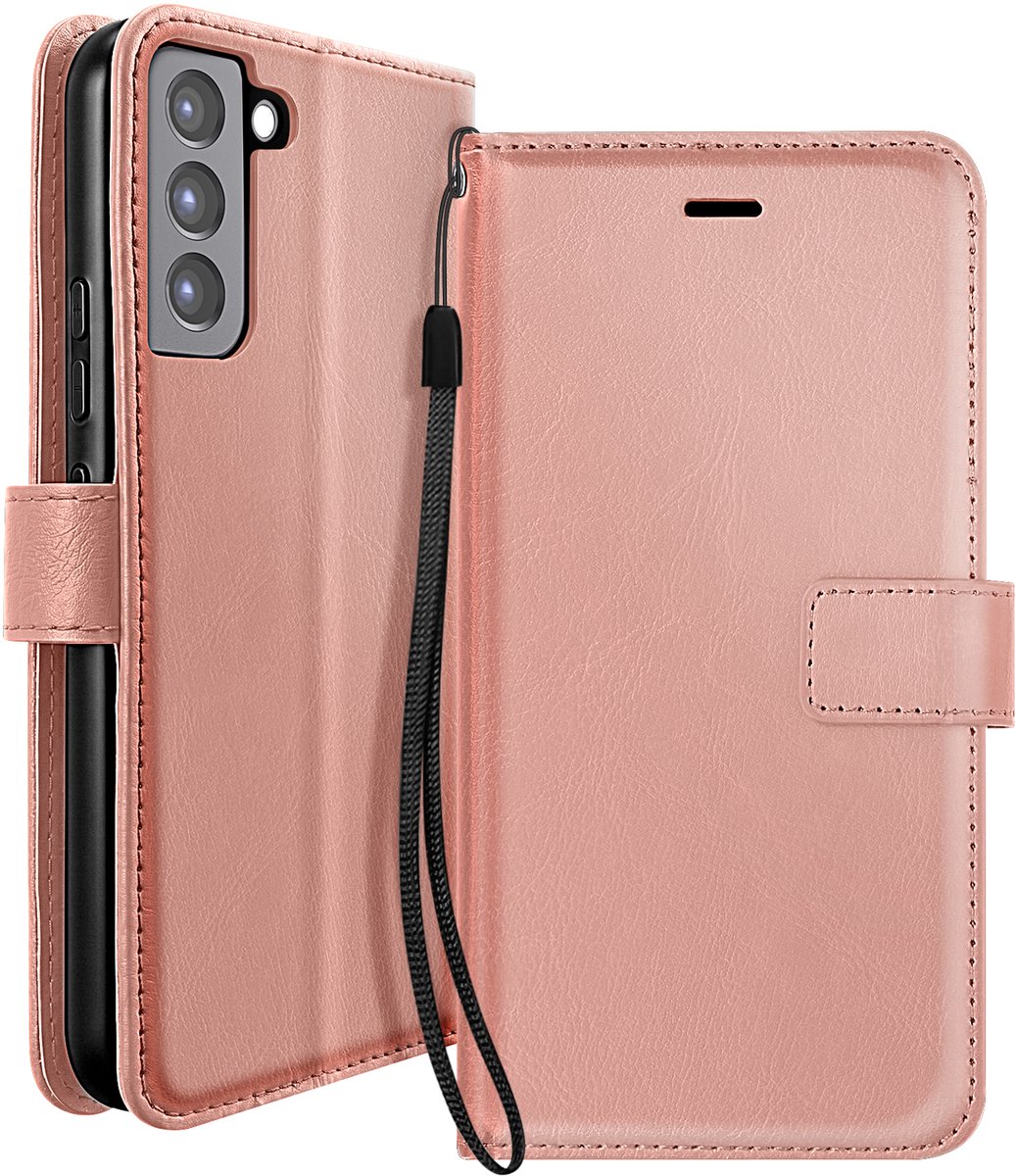 Mayaxess, Portemonnee Hoesje geschikt voor Samsung Galaxy S21 FE met Draagkoord, Roségoud