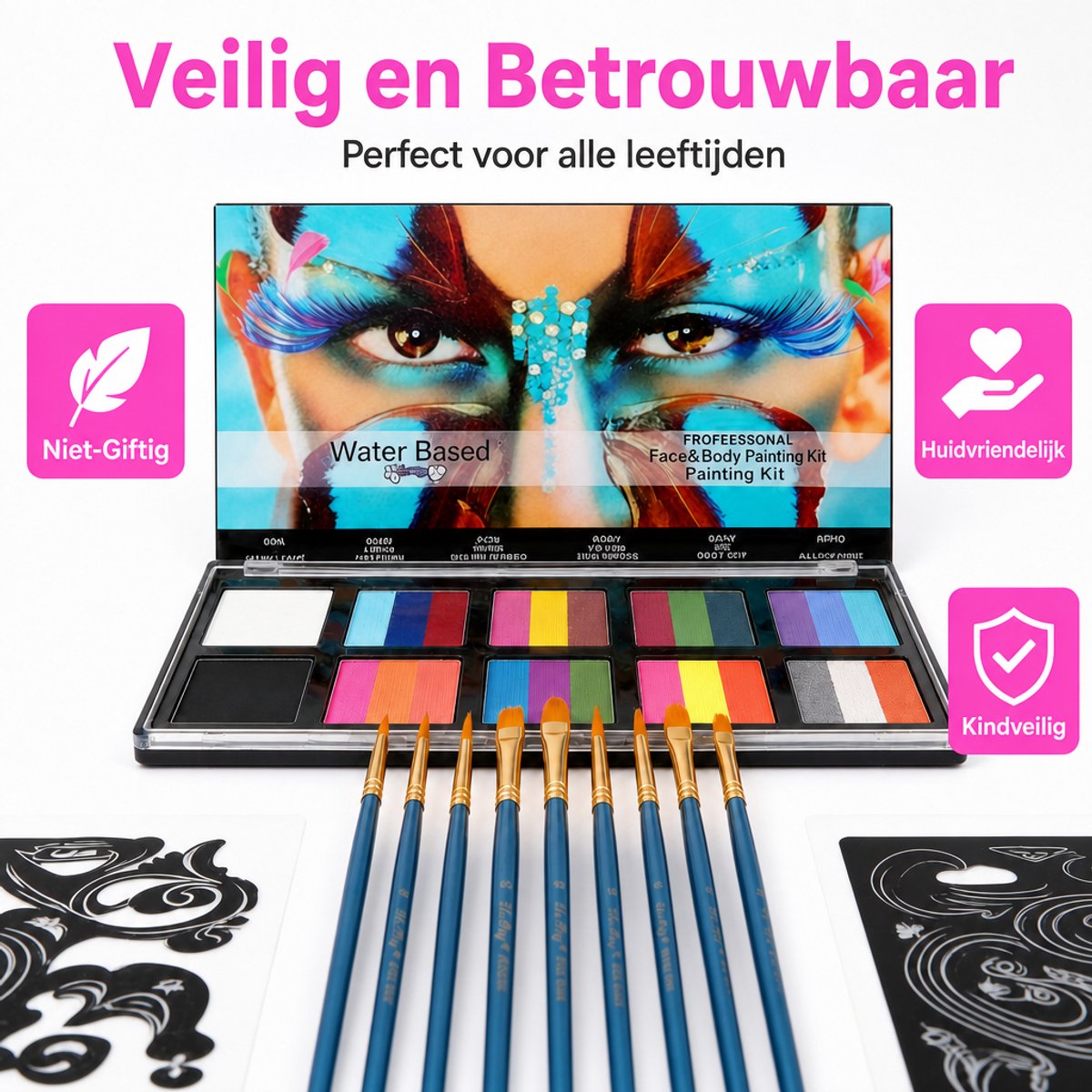 Professionele Kinderschmink Set - 26 Kleuren - Waterbasis - Incl. 10 Penselen & Sjablonen - Hét Ideale Koningsdag & Festival Cadeau - Veilig voor Kind & Volwassenen — afbeelding 5