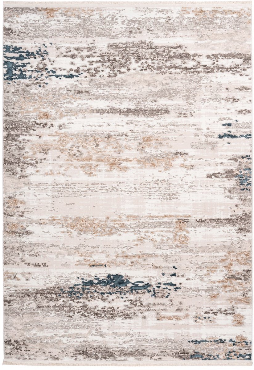 Padiro laagpolig vloerkleed 80 x 150 cm - grijs / blauw - vintage - met franjes - geschikt voor vloerverwarming - van polyester