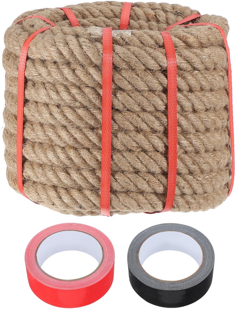 Jute touw, 2,5 cm x 100 m dik, natuurlijk, zwaar gevlochten, met 2 rollen band voor kunsthandwerk, relingen, moli, touwtrekken, bootschommels, landschapsarchitectuur