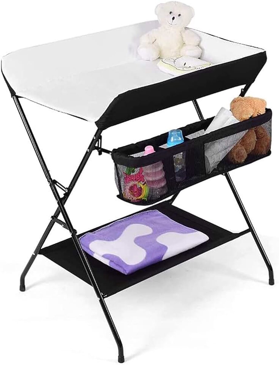 Verschoontafel, Inklapbare Verschoontafel baby Opvouwbaar en Draagbaar, Mobiele Commode met Aankleedkussen, Veiligheidsgordel en Opbergvakken-79 * 55.5 * 96 cm (zwart en wit)