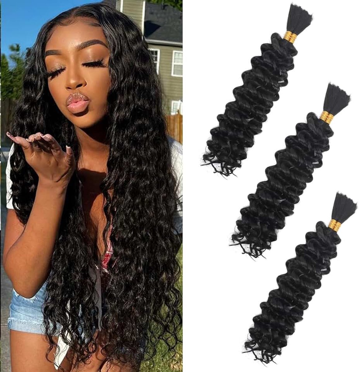 Wave Bulk for Braiding 16inch 300g With 6 Bundles Deep Wave Bulk Hair for Boho Braids No Weft Curly Wavy Synthetic Bohemian Braiding Hair Extensions for Women (1B, 16inch(50g/Bundle x6))