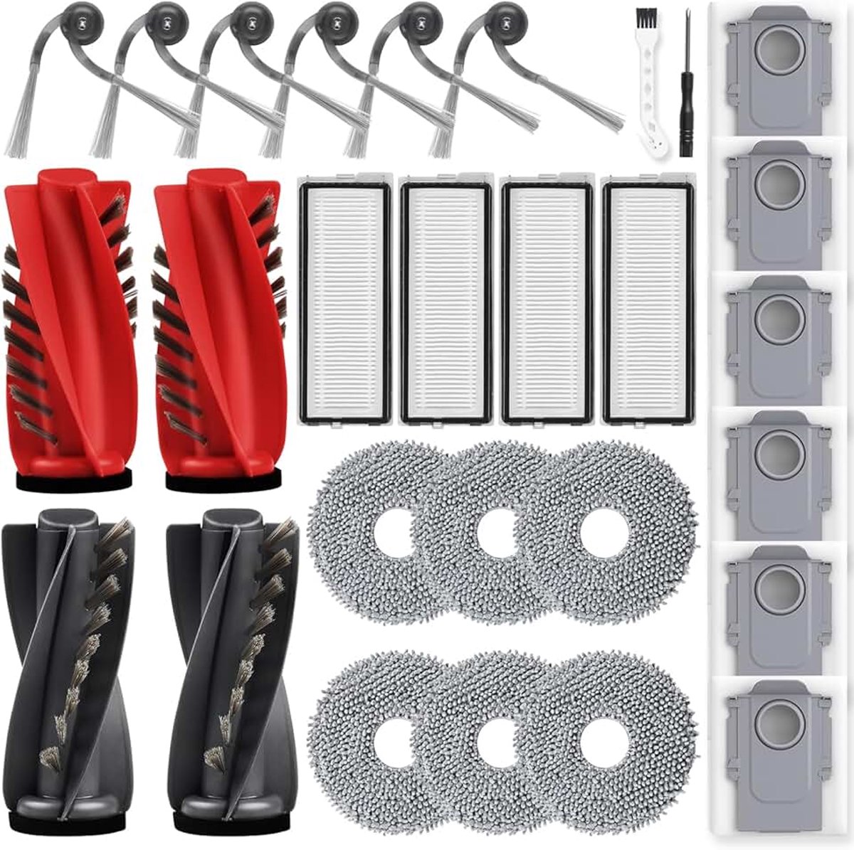 28-delige accessoireset voor Roborock Qrevo Curv robotstofzuiger met 2 paar hoofdborstels, 6 wisdoeken, 4 filters, 6 stofzakken, 6 zijborstels, 1 reinigingsborstel, 1 schroevendraaier