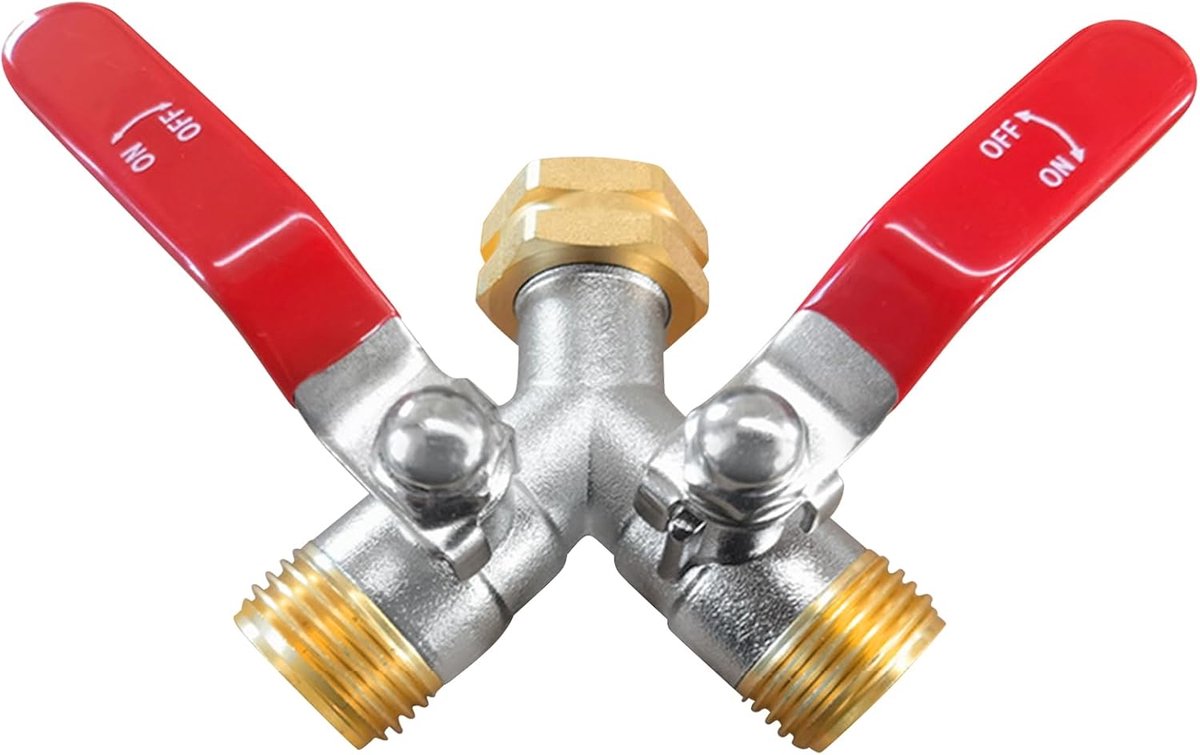 2-weg waterverdeler, 2-weg, Y-verdeler 3/4 inch met 2 aparte afsluitkranen, waterverdeler, messing wateraansluitverdeler voor huis, binnenplaats, wasmachine