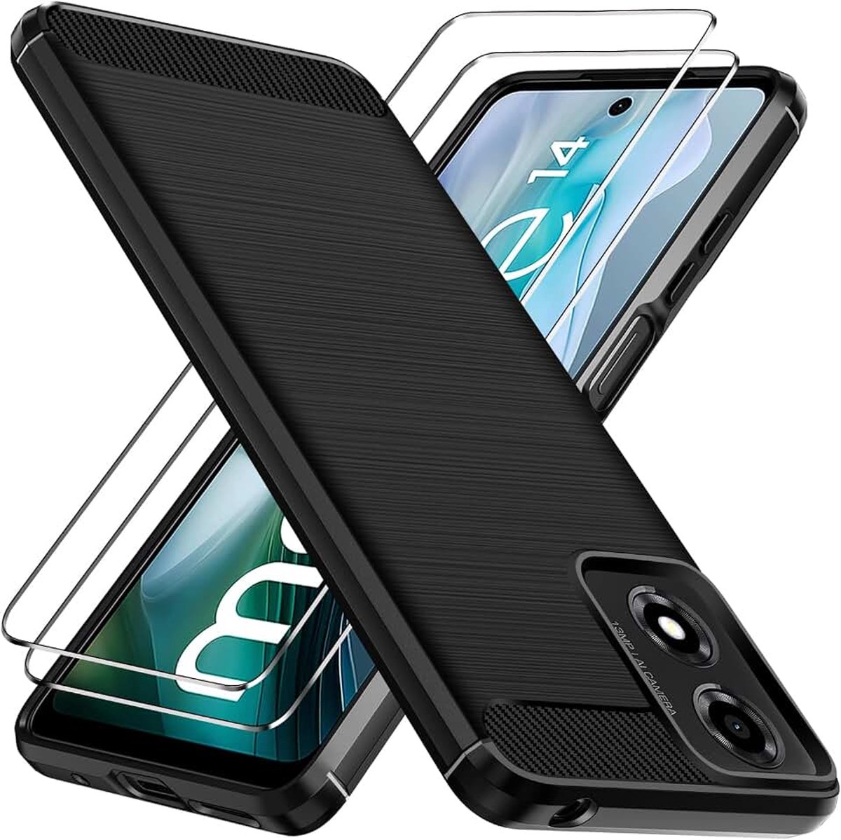 IVoler Beschermhoes voor Motorola Moto G34 5G met 2 stuks gehard glas, stootvast in militaire kwaliteit, beschermhoes, dun, zacht, van TPU-siliconen, krasbestendig, zwart