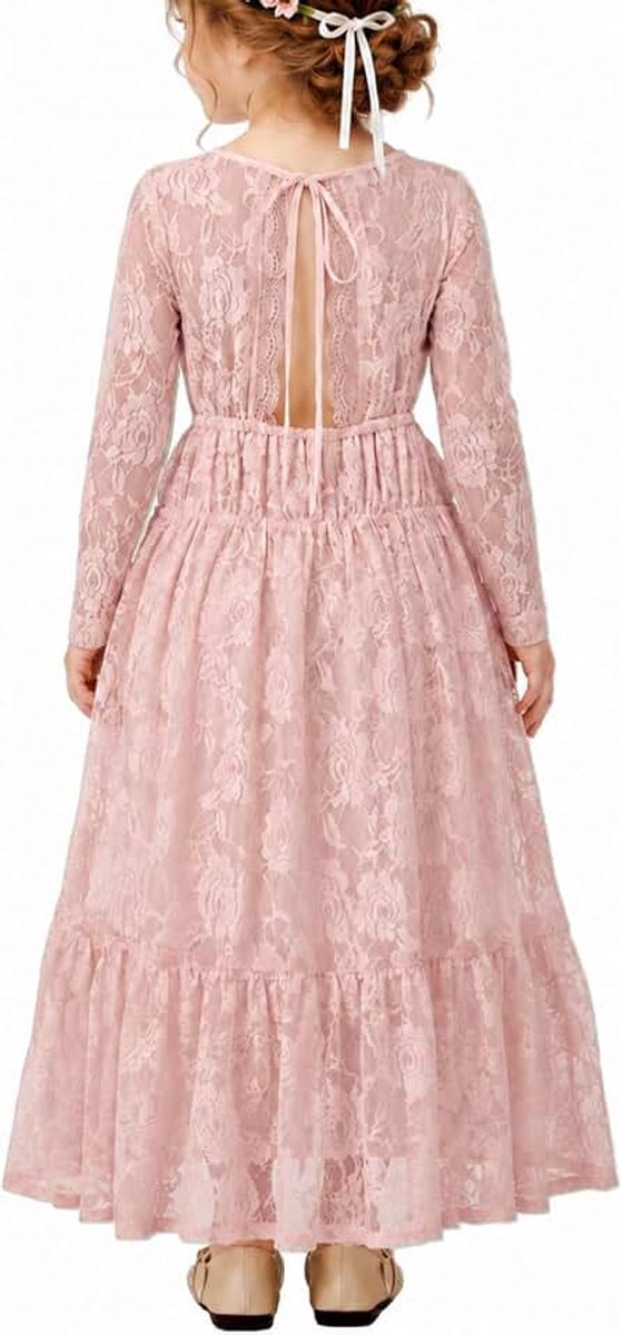 Lange Mouw Kanten Maxi Jurk voor Peuters & Meisjes – Boho A-Lijn Jurk voor Bruiloft, Doop, Eerste Communie 3-12 jaar