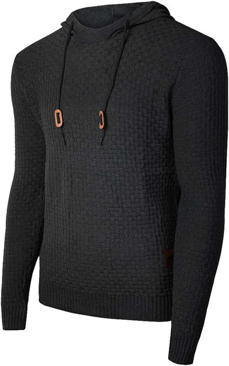 Heren casual lange mouwen trechter hals geruite jacquard trui dikke gebreide sport pullover capuchon sweatshirt
