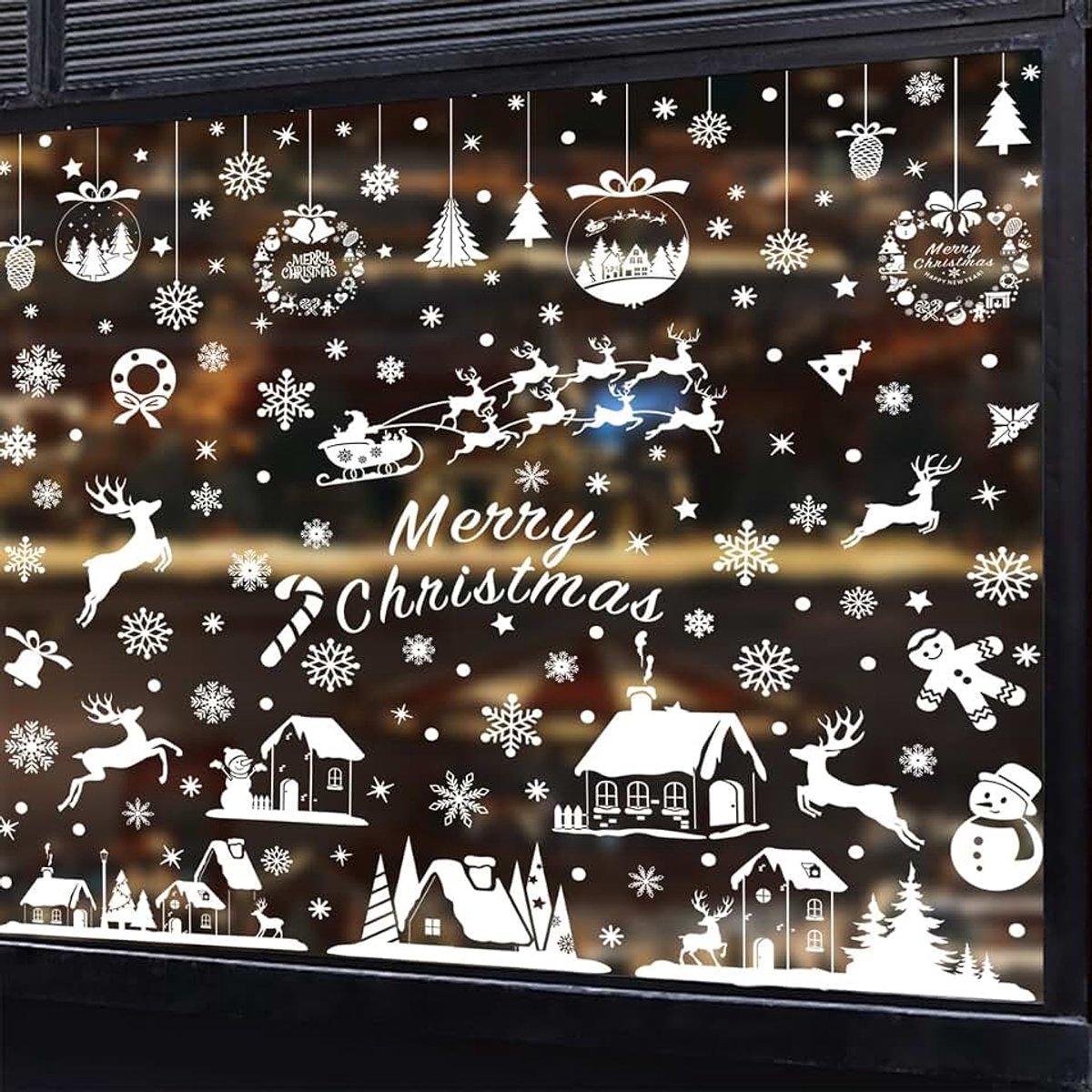 414 stuks zelfklevende raamafbeeldingen, Kerstmis, wit, raamdecoratie, Kerstmis, herbruikbaar, pvc-sneeuwvlokken, raamdecoratie, raamstickers, Kerstmis met huizen, voor winter, raam, kerstdecoratie